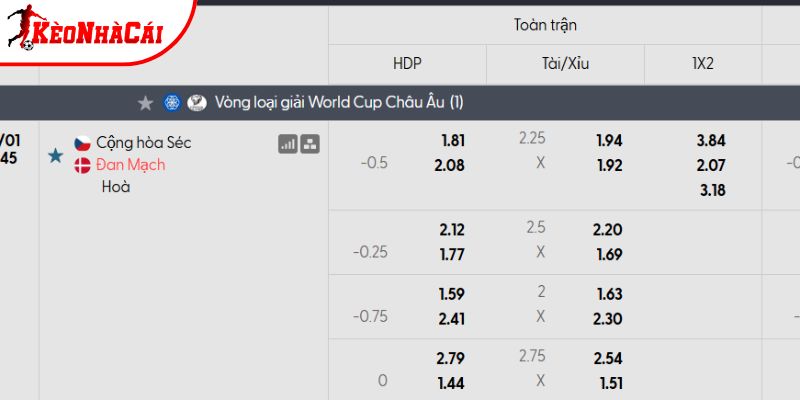Tỷ lệ kèo Cộng hòa Séc vs Đan Mạch